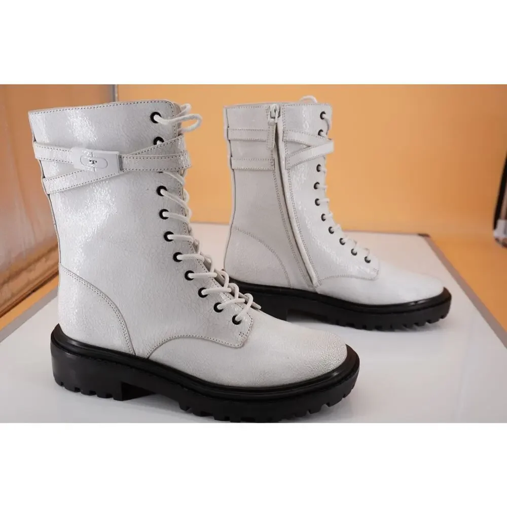 Tory Burch Combat White Crackled Suede Lace Up Ankle Boots SZ 10 Lug Logo $495
